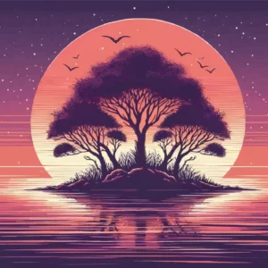 Papier Peint Coucher de Soleil Rétro avec Baobab et Reflets Aquatiques