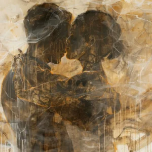 Couple Enlacé Abstrait Tons Dorés et Ocre Romantique