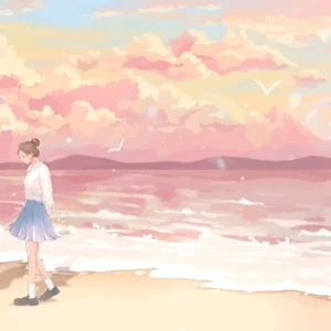 Couple romantique sur plage au coucher de soleil pastel