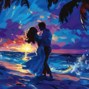 Couple romantique coucher de soleil tropical plage palmiers
