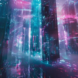 Papier Peint Futuriste Cyberpunk Ville Néon Bleu Rose