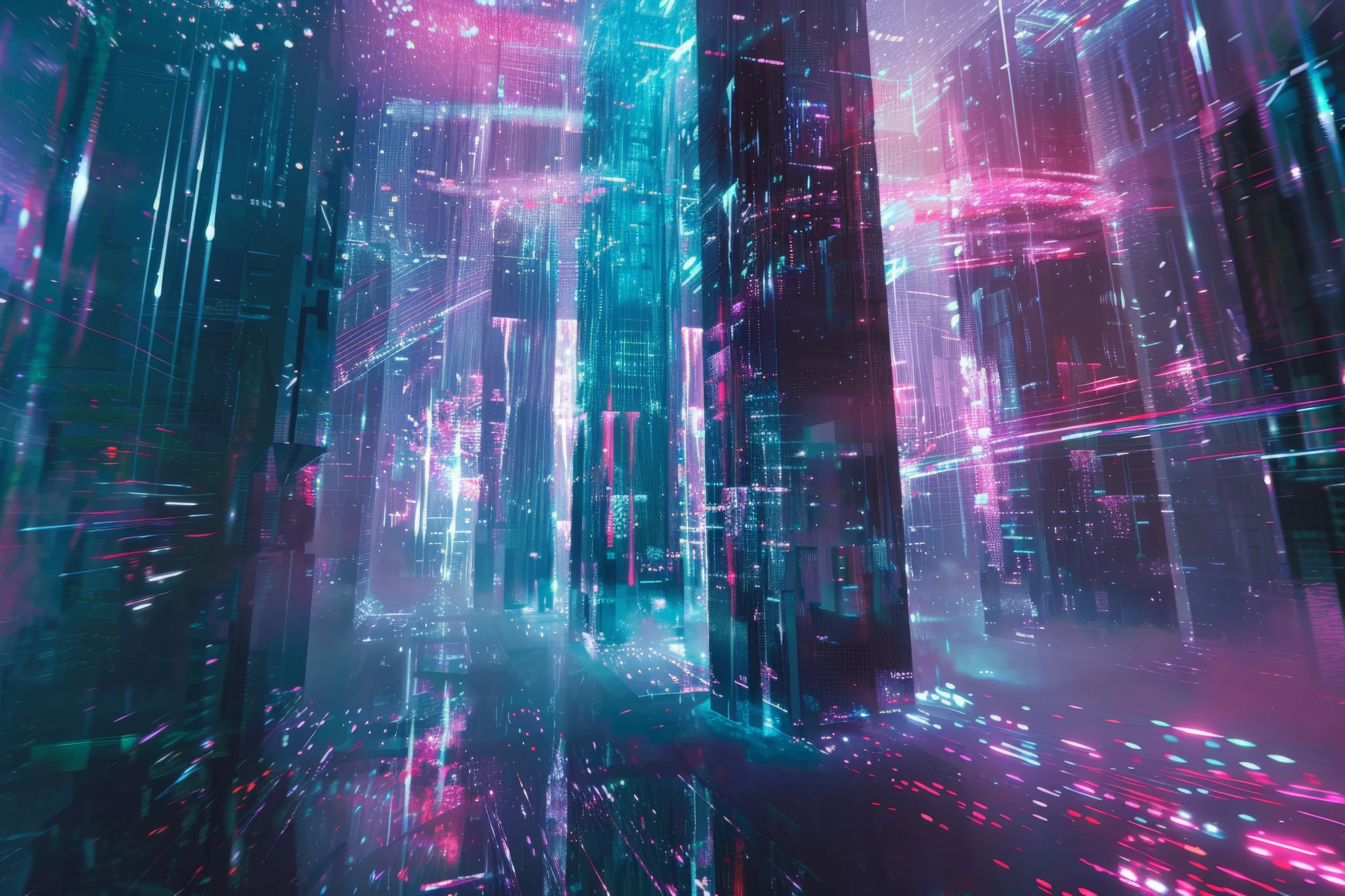 Papier Peint Futuriste Cyberpunk Ville Néon Bleu Rose