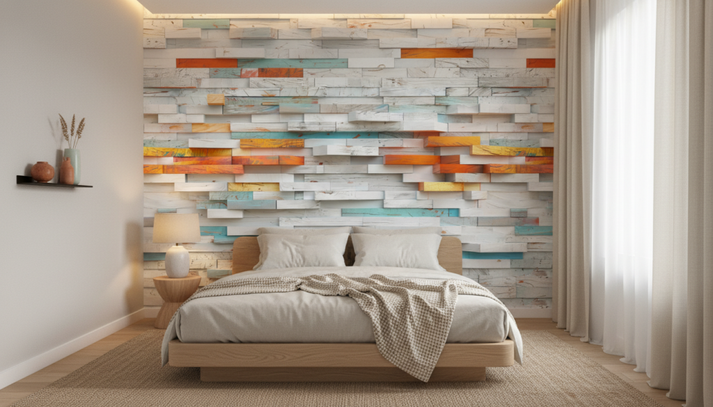 Papier Peint Effet Bois Coloré Relief Tridimensionnel Moderne - Chambre adulte