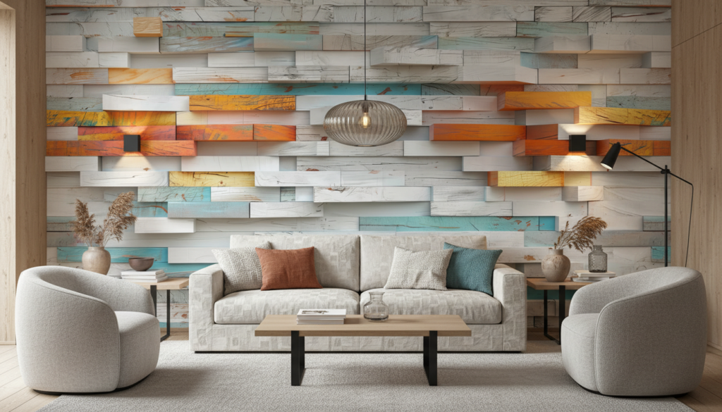 Papier Peint Effet Bois Coloré Relief Tridimensionnel Moderne - Salon / Séjour