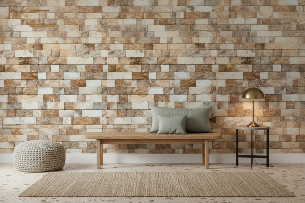 Papier Peint Effet Briques Anciennes Pierre Naturelle Beige Marron - Entrée