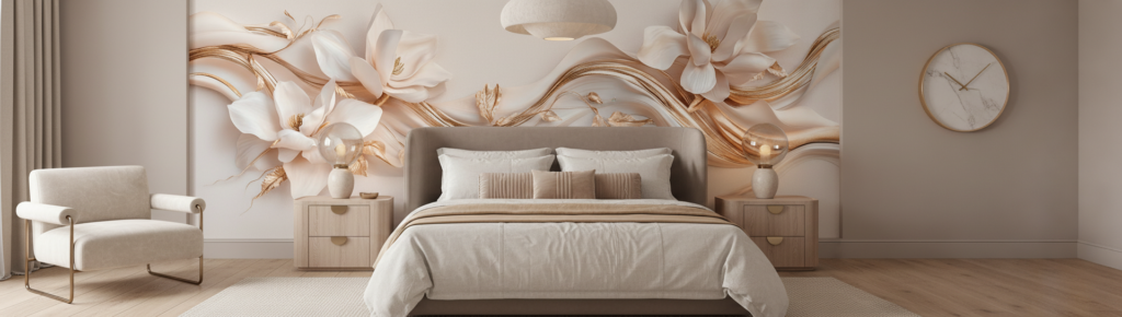 Papier Peint Élégant aux Magnolias Blancs et Dorés Fluides - Chambre adulte