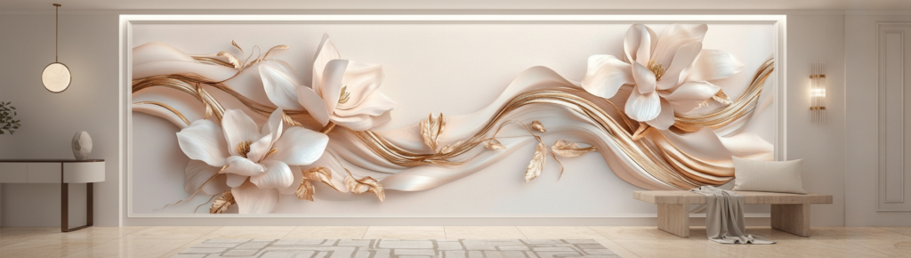 Papier Peint Élégant aux Magnolias Blancs et Dorés Fluides - Entrée