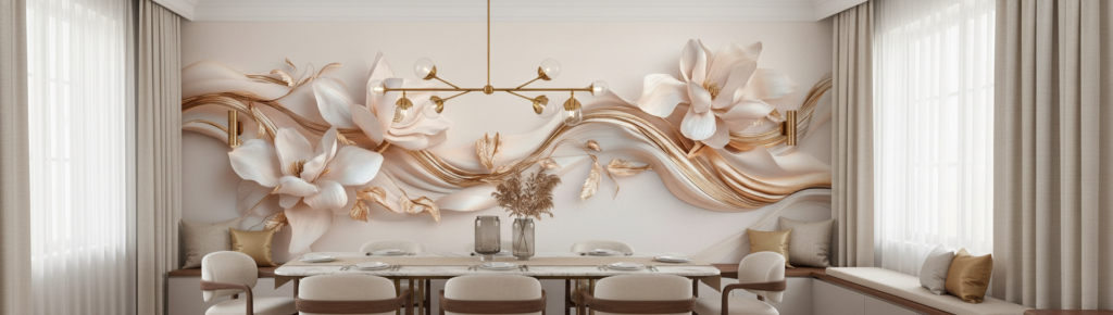 Papier Peint Élégant aux Magnolias Blancs et Dorés Fluides - Salle à manger