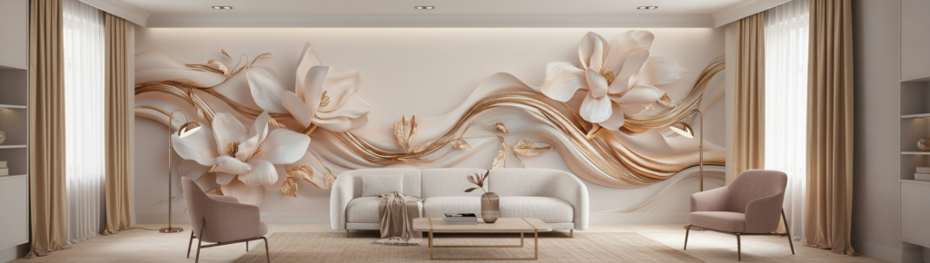 Papier Peint Élégant aux Magnolias Blancs et Dorés Fluides - Salon / Séjour