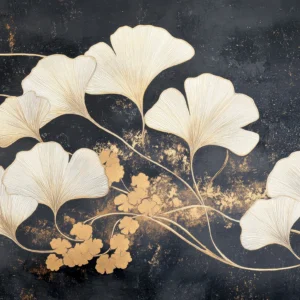 Papier peint élégant ginkgo dorés sur fond noir texturé