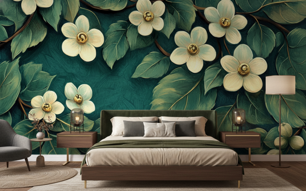 Papier peint élégant motifs floraux dorés sur fond vert émeraude - Chambre adulte