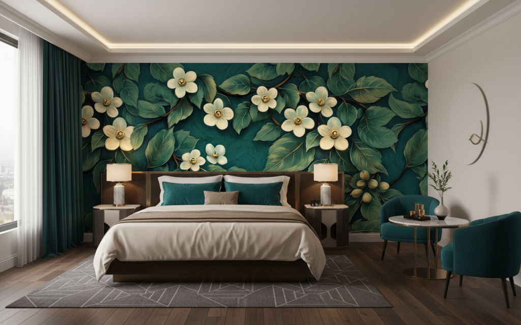 Papier peint élégant motifs floraux dorés sur fond vert émeraude - Hôtel