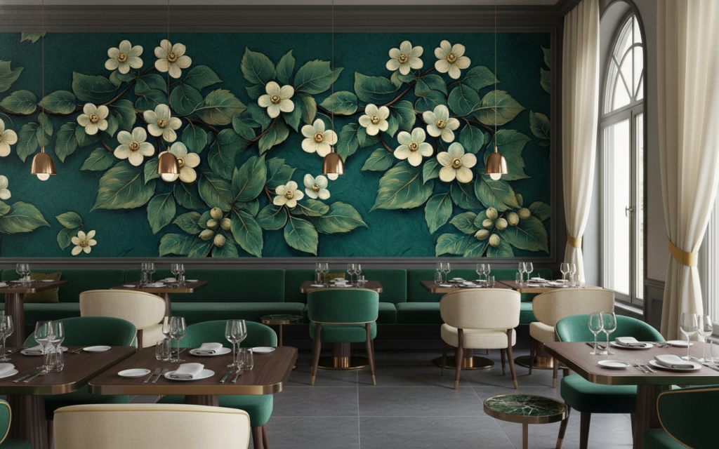 Papier peint élégant motifs floraux dorés sur fond vert émeraude - Restaurant