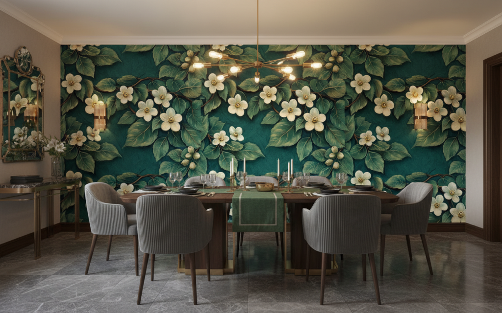 Papier peint élégant motifs floraux dorés sur fond vert émeraude - Salle à manger