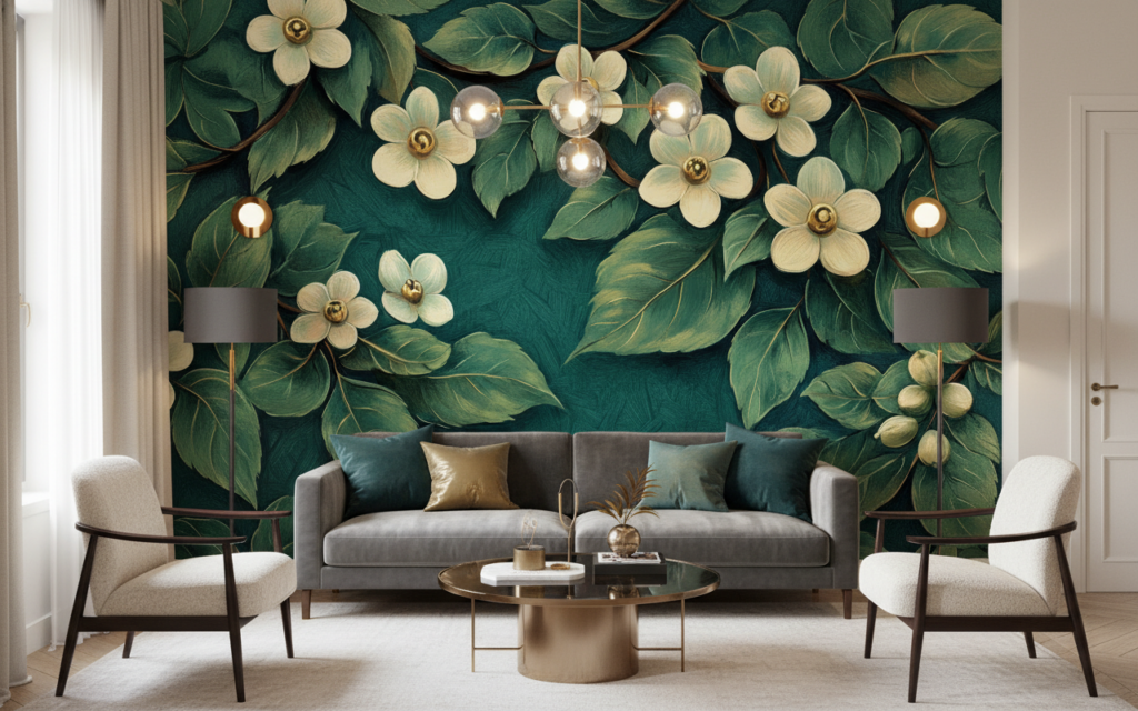 Papier peint élégant motifs floraux dorés sur fond vert émeraude - Salon / Séjour