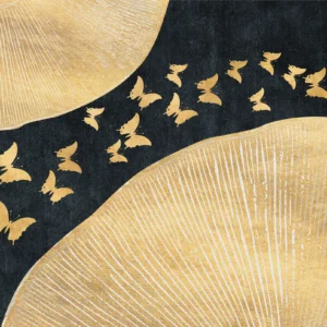 Papier peint élégant papillons dorés sur fond noir texturé