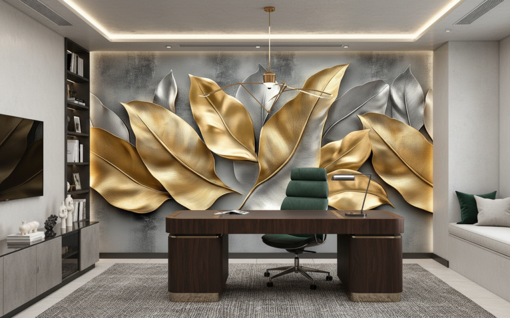 Papier Peint Élégant Plumes Dorées et Argent sur Fond Texturé - Bureau