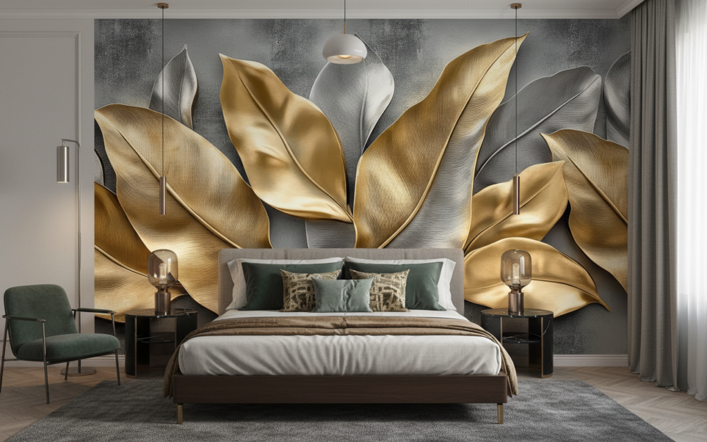 Papier Peint Élégant Plumes Dorées et Argent sur Fond Texturé - Chambre adulte