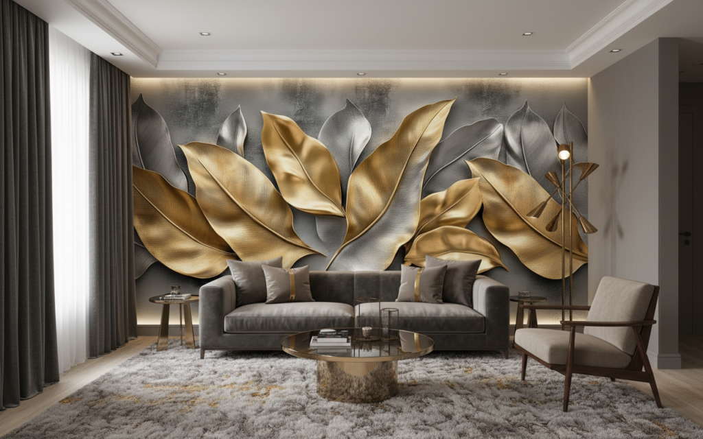 Papier Peint Élégant Plumes Dorées et Argent sur Fond Texturé - Hôtel