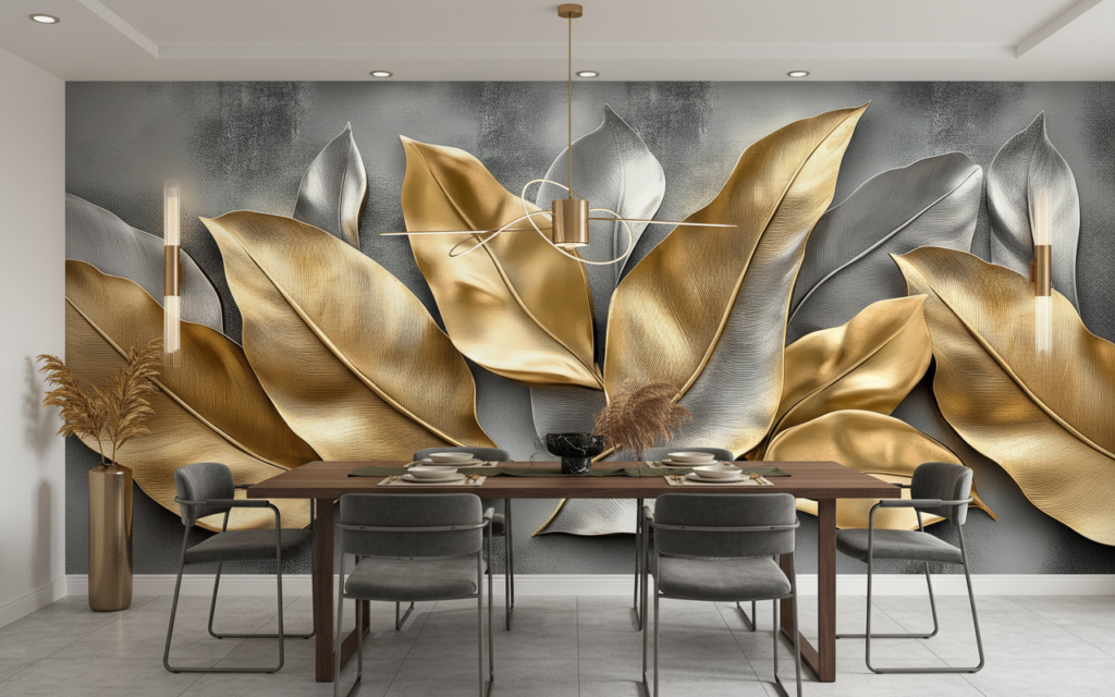 Papier Peint Élégant Plumes Dorées et Argent sur Fond Texturé - Salle à manger