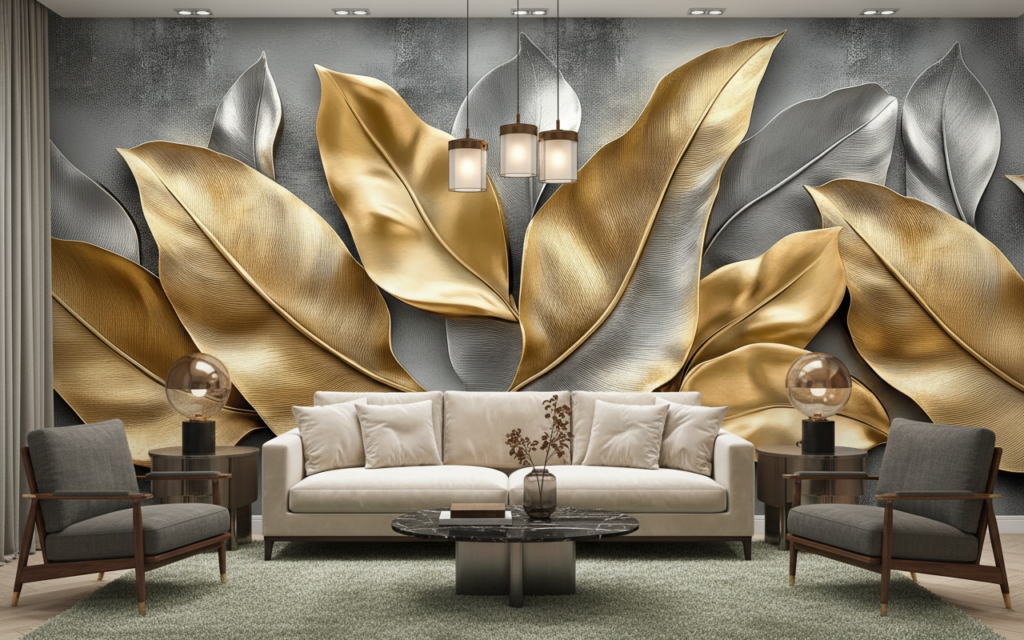 Papier Peint Élégant Plumes Dorées et Argent sur Fond Texturé - Salon / Séjour