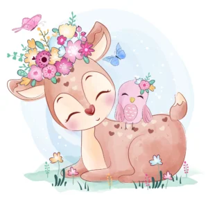 Papier peint enfant biche fleurie avec oiseau rose pastel