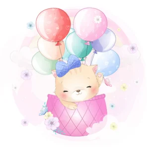 Papier peint enfant chat mignon dans panier avec ballons colorés
