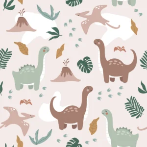 Papier peint enfant dinosaures kawaii fond rose pastel jungle