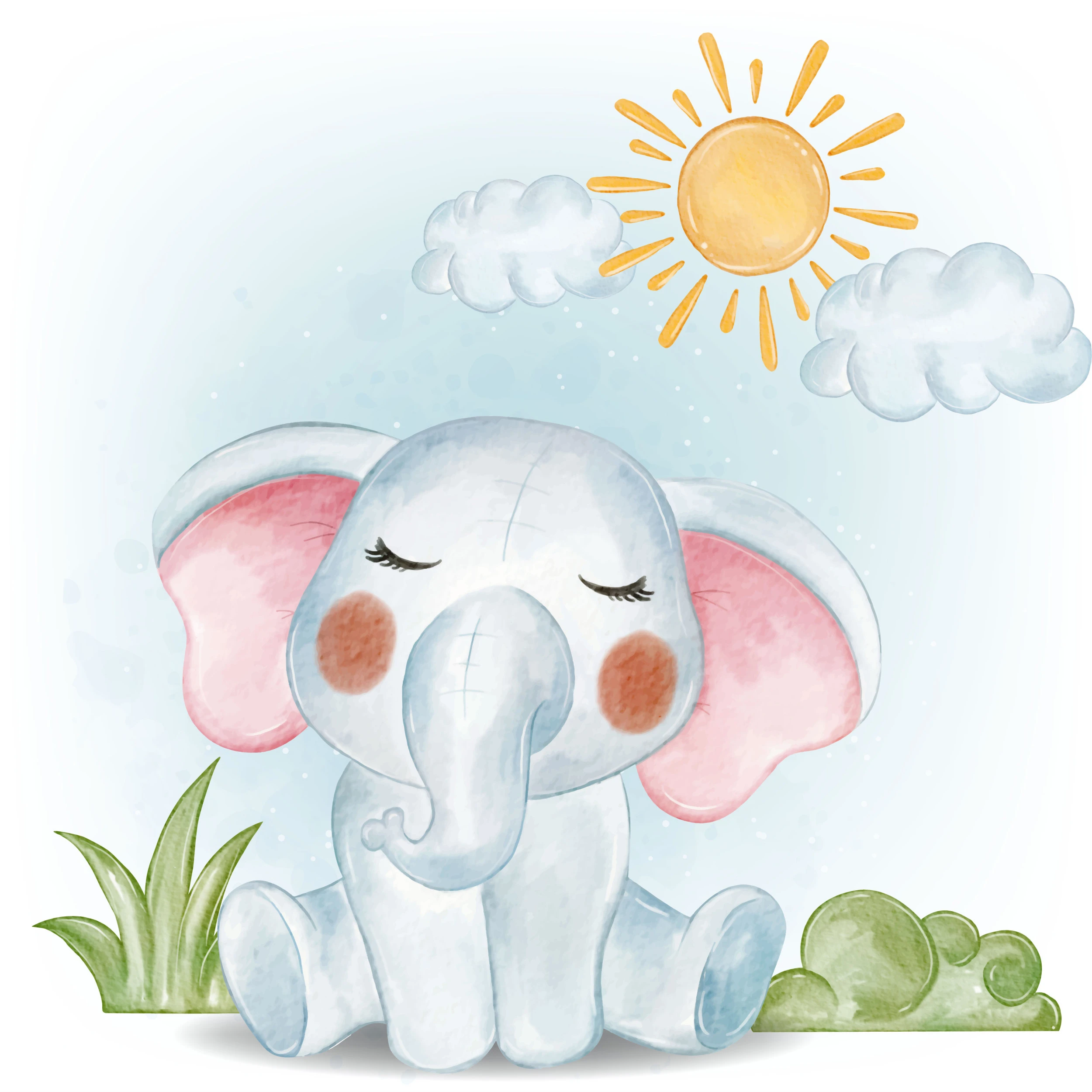 Papier Peint Enfant Éléphant Mignon Aquarelle Ciel Ensoleillé