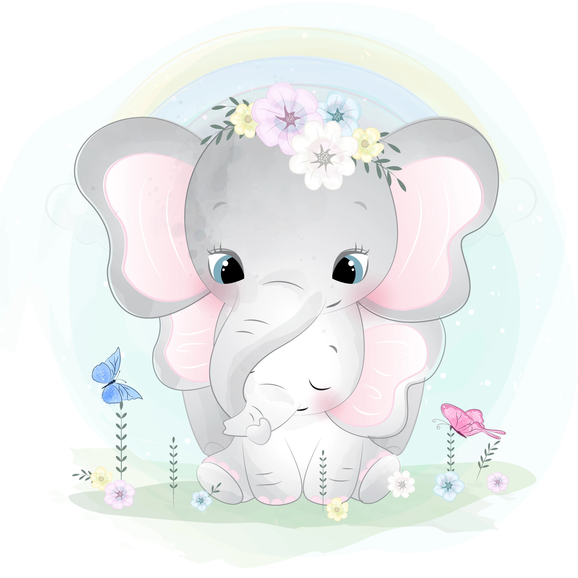 Papier peint enfant éléphant mignon avec fleurs pastel arc-en-ciel