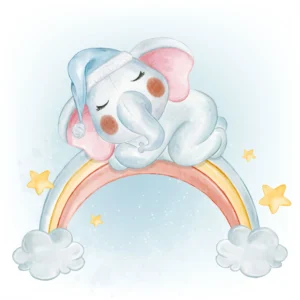 Papier Peint Enfant Éléphant Mignon sur Arc-en-ciel Pastel Étoilé