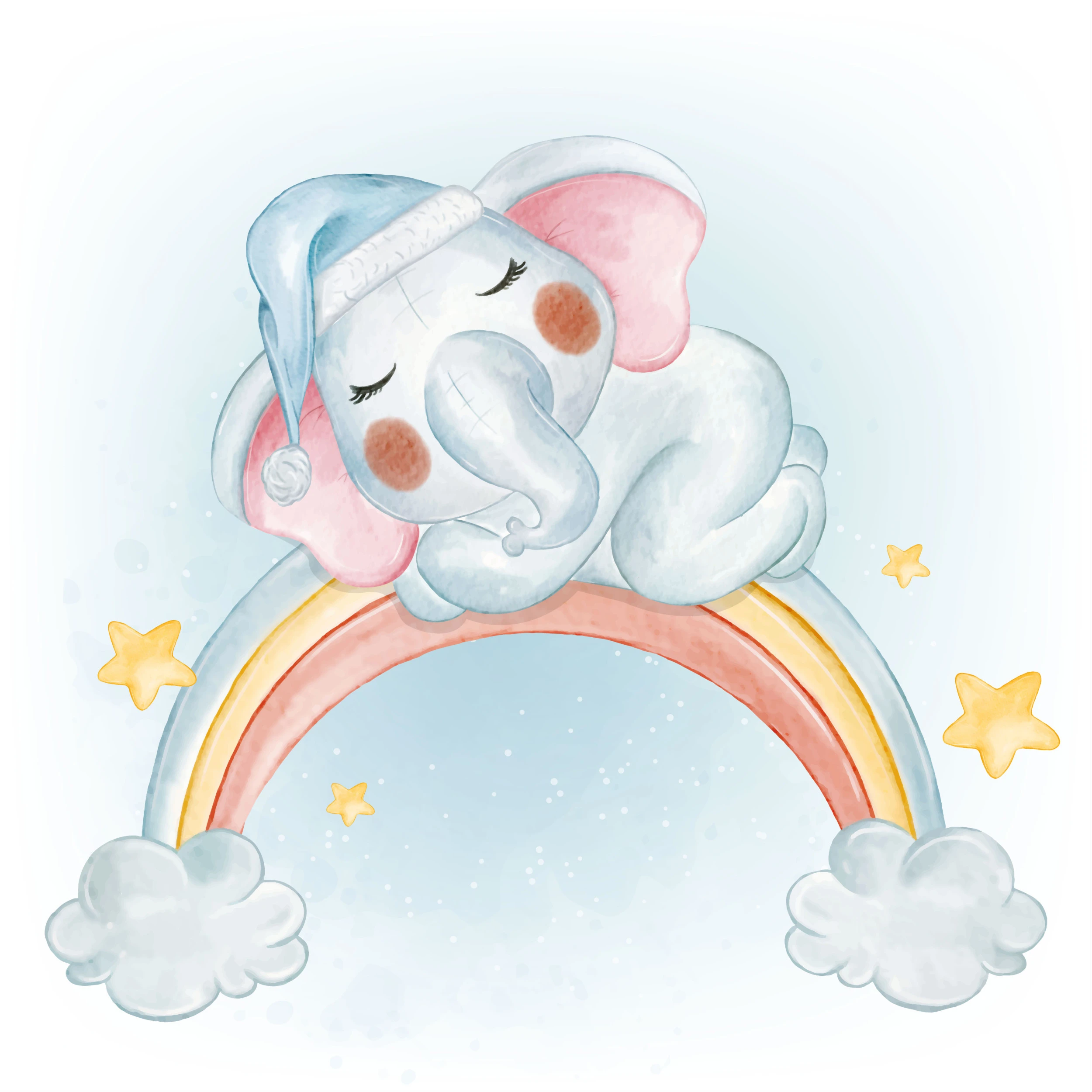 Papier Peint Enfant Éléphant Mignon sur Arc-en-ciel Pastel Étoilé