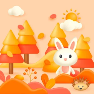 Papier peint enfant forêt automnale avec lapin et hérisson