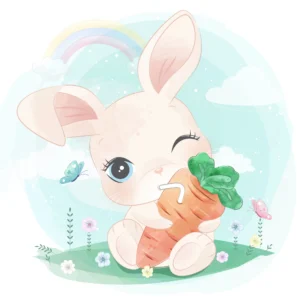Papier peint enfant lapin kawaii avec carotte dans jardin fleuri