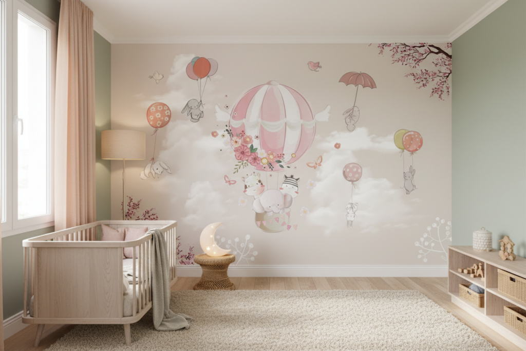 Papier peint enfant lapins montgolfière rose poudré ambiance douce - Chambre enfant