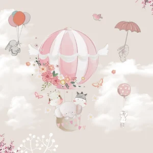 Papier peint enfant lapins montgolfière rose poudré ambiance douce