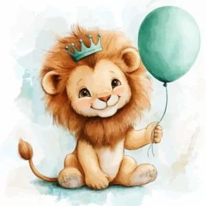 Papier peint enfant lion couronne aquarelle ballon vert tendre