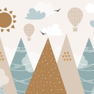 Papier peint enfant montagnes et montgolfières style scandinave doux