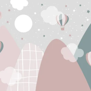 Papier peint enfant montgolfières et montagnes pastel étoilé