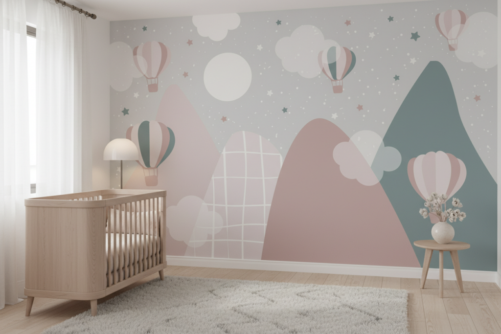 Papier peint enfant montgolfières et montagnes pastel étoilé - Chambre bébé