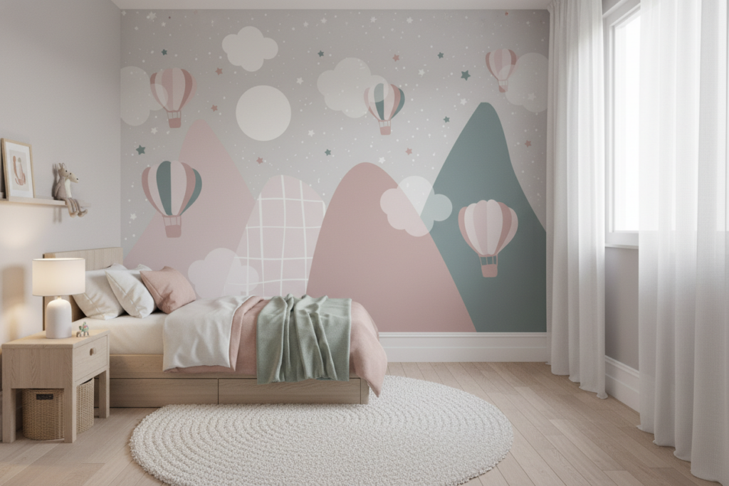 Papier peint enfant montgolfières et montagnes pastel étoilé - Chambre enfant