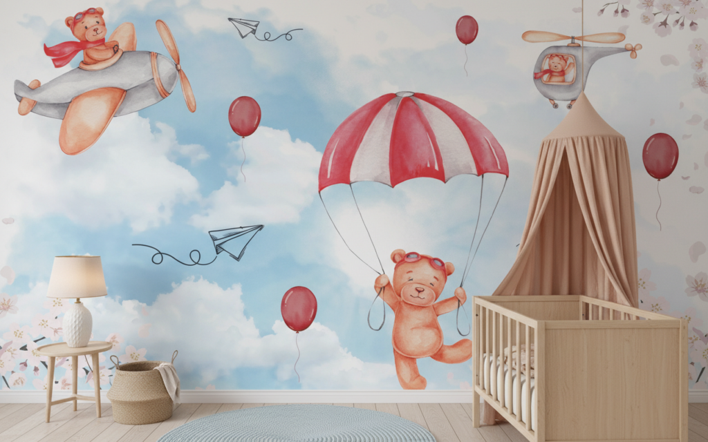 Papier peint enfant ours aviateurs ciel nuages et cerisiers roses - Chambre bébé