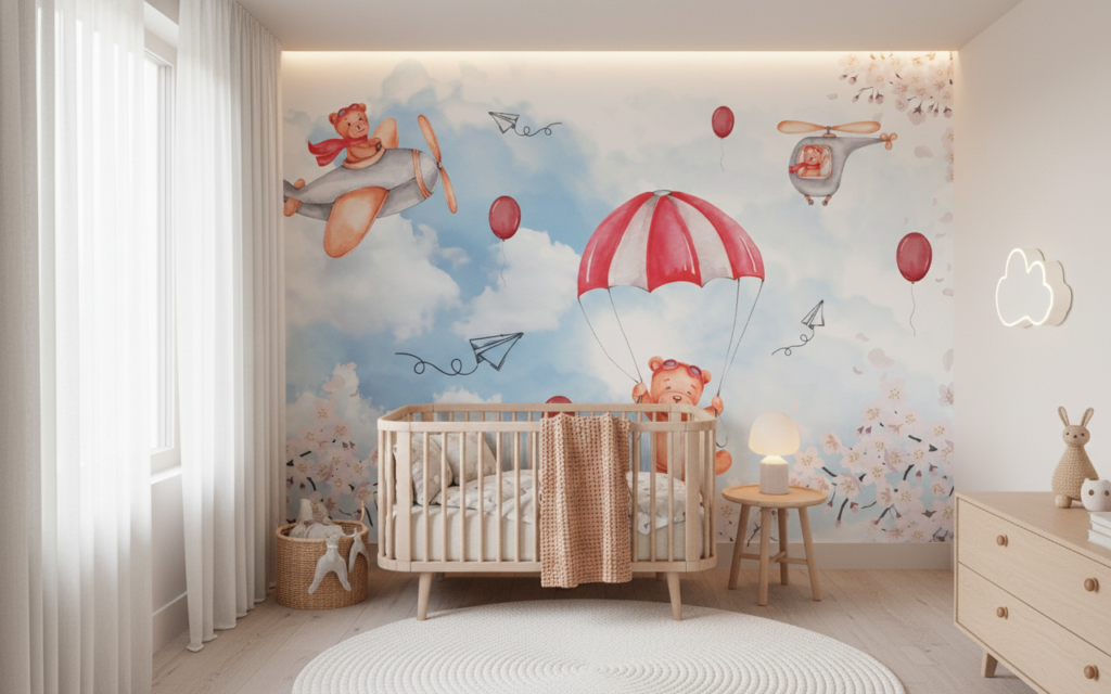 Papier peint enfant ours aviateurs ciel nuages et cerisiers roses - Chambre enfant