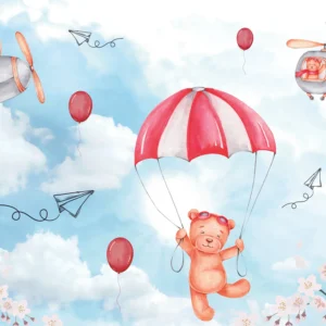 Papier peint enfant ours aviateurs ciel nuages et cerisiers roses