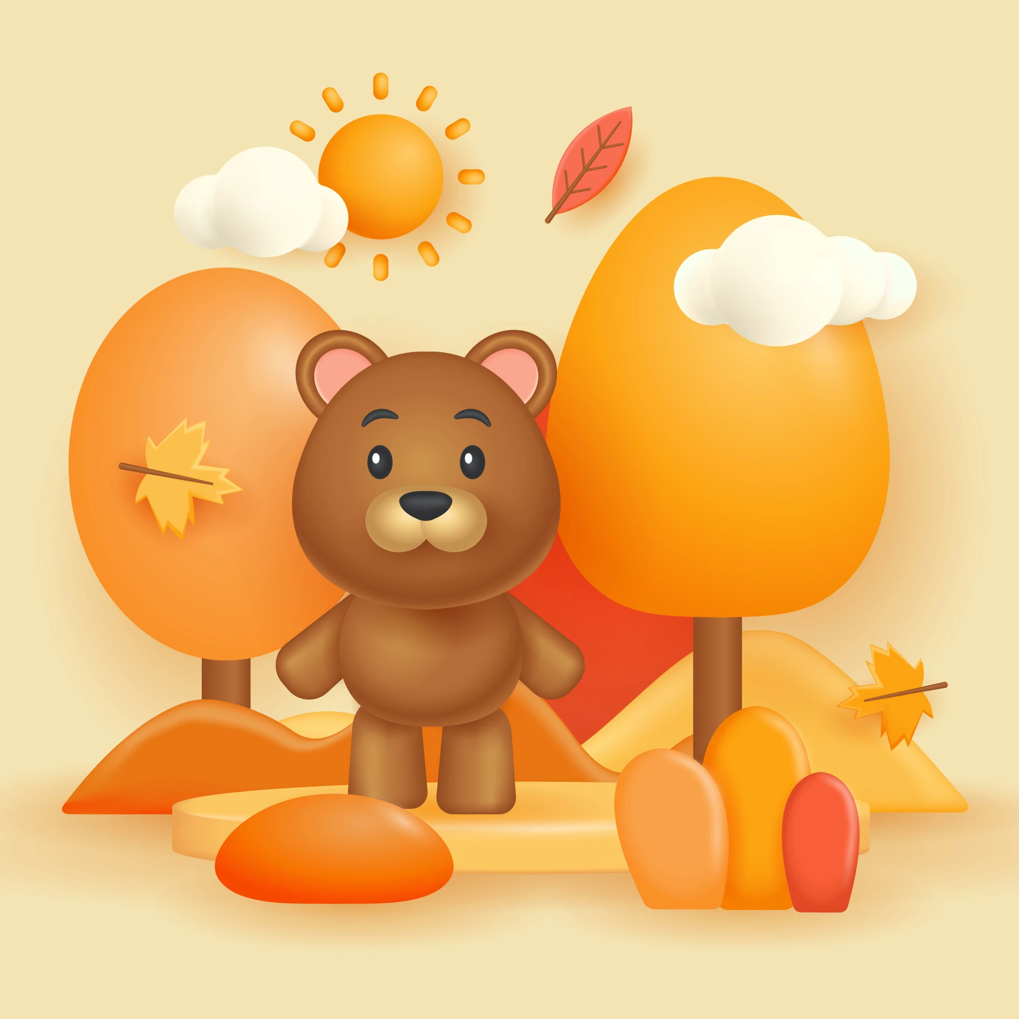 Papier Peint Enfant Ourson Mignon Automne Orange Forêt Enchantée