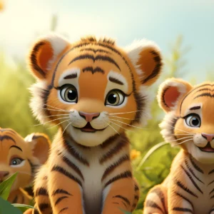 Papier peint enfant tigres mignons dans jardin ensoleillé