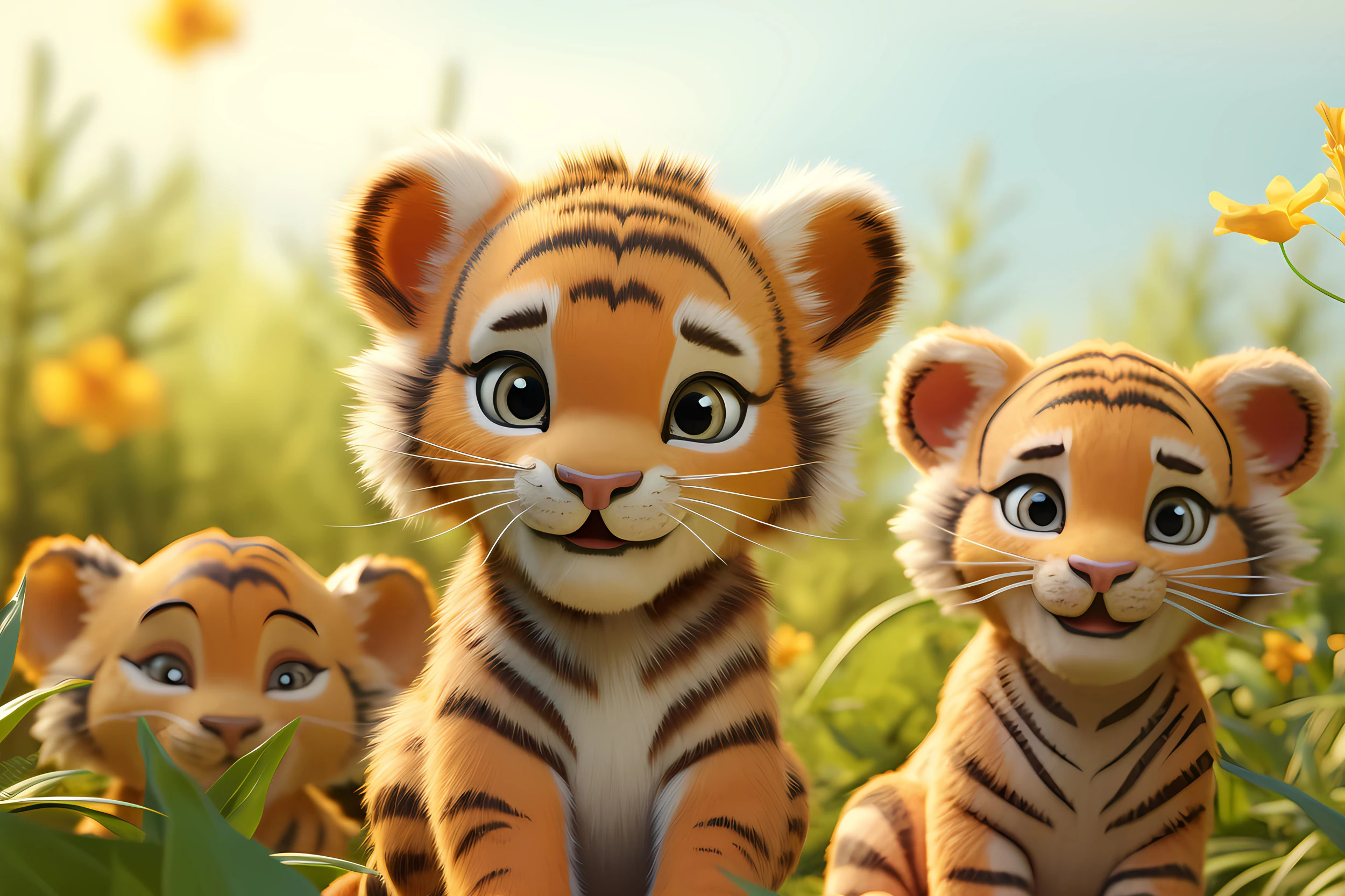 Papier peint enfant tigres mignons dans jardin ensoleillé