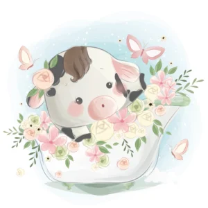 Papier peint enfant vache adorable dans baignoire fleurie pastel