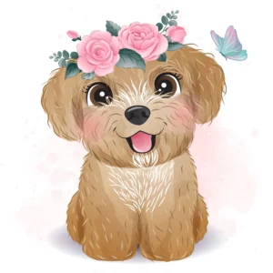 Papier Peint Chiot Adorable avec Couronne de Roses Roses