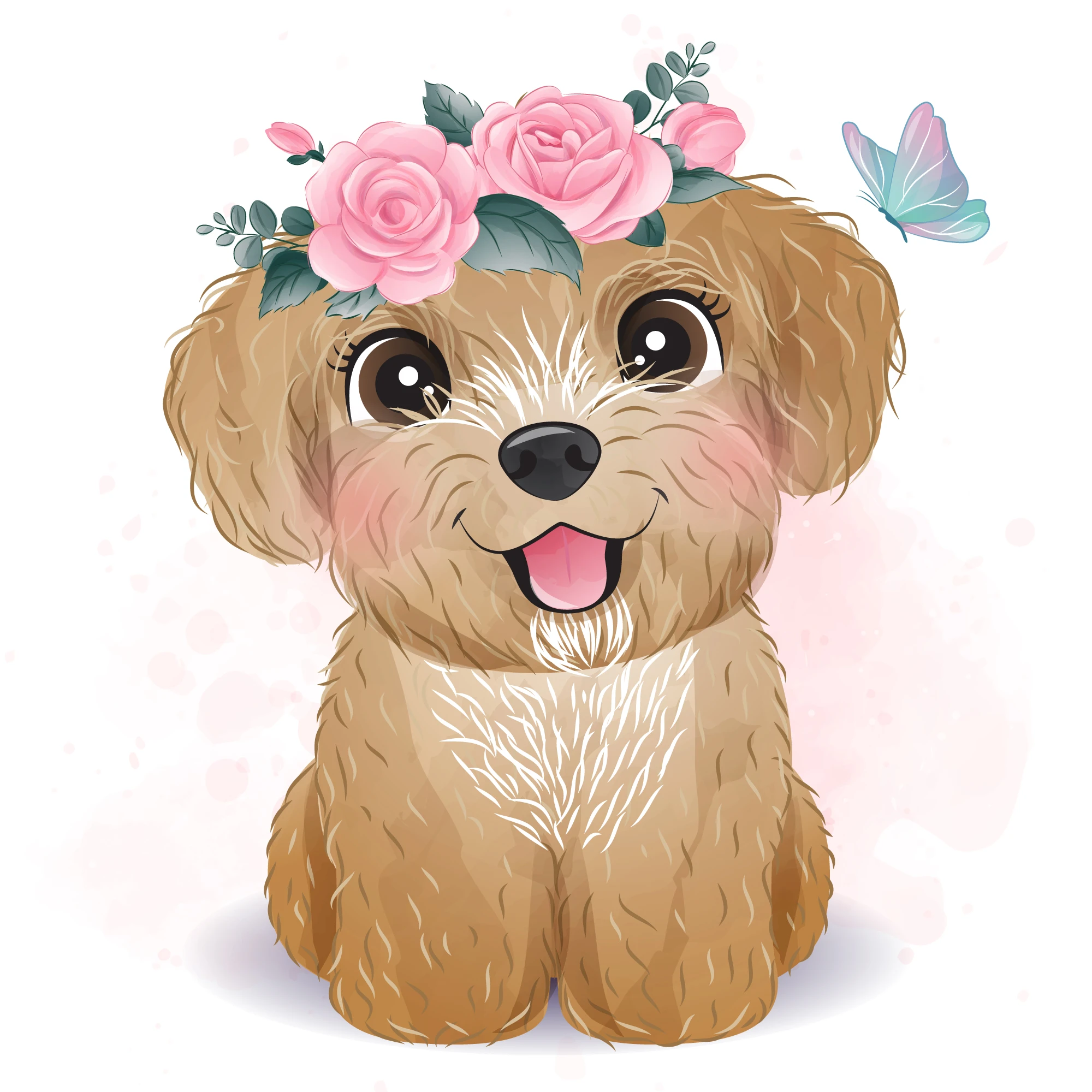 Papier Peint Chiot Adorable avec Couronne de Roses Roses